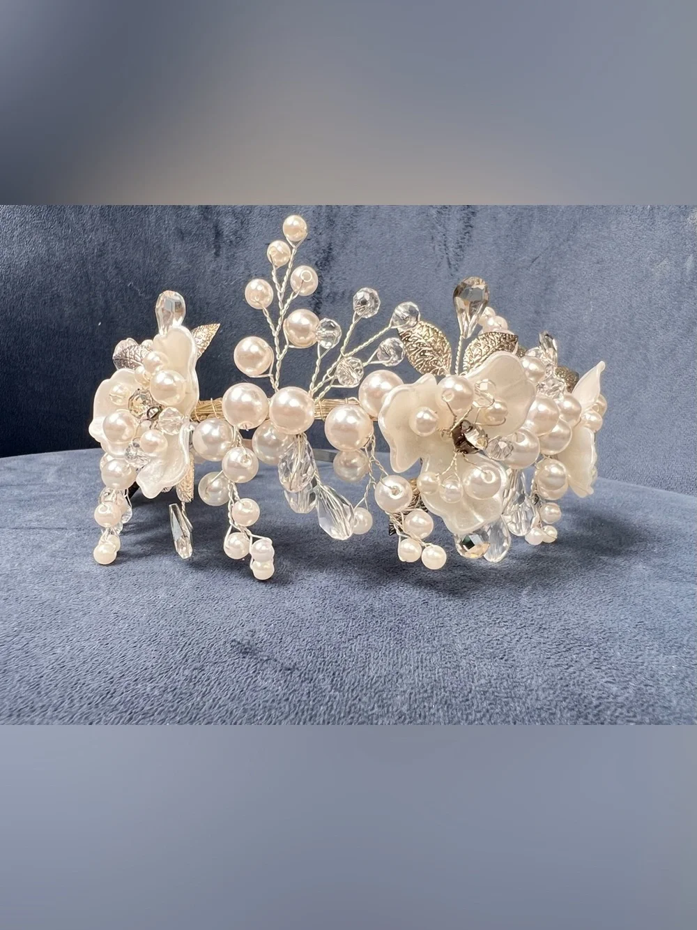 NIB Bridal Pearl Crystal Floral Headband Wedding Hair Crown Tiara White Silver